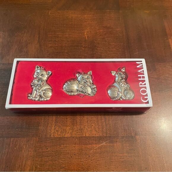 Gorham Set of 3 Silver nickel plated Cat Ornaments in Original with box - Picture 1 of 7
